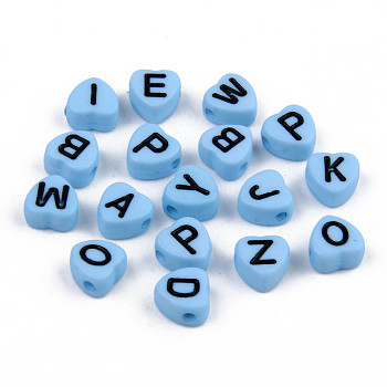 Opaque Acrylic Enamel Beads, Horizontal Hole, Heart with Mixed Black Letters, Light Sky Blue, 7x7x4mm, Hole: 1.5mm, about 3600pcs/500g