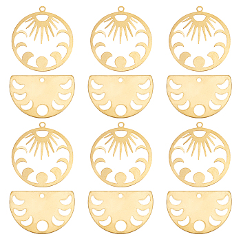 12Pcs 2 Style Brass Pendants, Half Round & Ring with Phase of the Moon, Golden, 20~30x27~30x0.5~1mm, Hole: 1.6~2mm, 6pcs/style