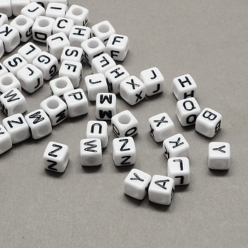 Large Hole Acrylic European Beads, Horizontal Hole, White & Black, Cube with Letter, Mixed, 6x6x6mm, Hole: 4mm