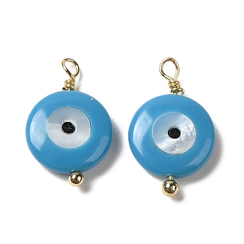 Glass & Shell Pendants, with Real 18K Gold Plated Brass Loop, Evil Eye Charm, Deep Sky Blue, 16.5~17x10x3mm, Hole: 1.2~1.4mm