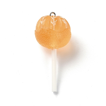 Translucent Resin Imitation Food Pendants, Lollipop Charms with Platinum Tone Iron Loops, Orange, 48~50.5x22.5mm