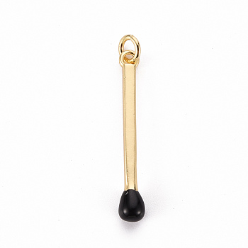 Brass Enamel Pendants, with Jump Ring, Cadmium Free & Nickel Free & Lead Free, Match, Real 16K Gold Plated, Black, 30x4.5mm, Jump Ring: 5x1mm, 3mm inner diameter