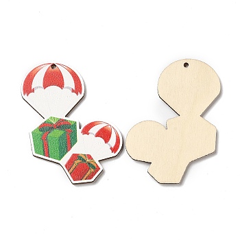 Single Face Christmas Printed Wood Big Pendants, Gift Box Charms, Green, 58x49x2.5mm, Hole: 2mm