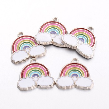 Alloy Enamel Pendants, Rainbow & Cloud Charms, for Children Kids Jewelry Making, Platinum, Cadmium Free & Nickel Free & Lead Free, Colorful, 17.5x19x1.6mm, Hole: 2mm