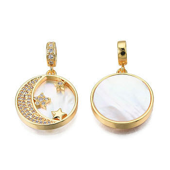 Brass Micro Pave Clear Cubic Zirconia Pendants, with Natural Shell, Real 18K Gold Plated, Nickel Free, Flat Round with Moon & Star, Creamy White, 18x16x2.5mm, Hole: 4mm