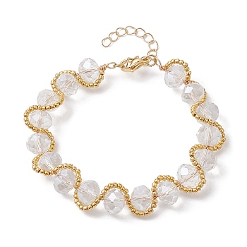 Glass & Seed Beaded Bracelet with Golden Alloy Clasps, Clear, 7-5/8 inch(19.5cm)