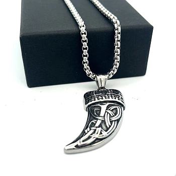304 Stainless Steel Punk Tiger Tooth Shaped Pendant Necklaces for Men Women, Non-Tarnish, Stainless Steel Color, 23.62 inch(60cm)