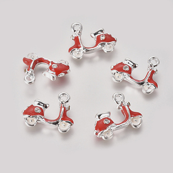 Silver Color Plated Alloy Pendants, with Enamel and Crystal Rhinestone, Motorbike, Red, 15x19x4mm, Hole: 2mm