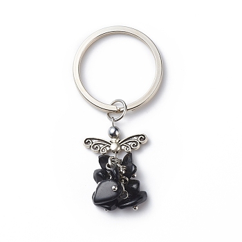 Natural Obsidian Angel Pendant Keychain, with Iron Findings, 6.8cm