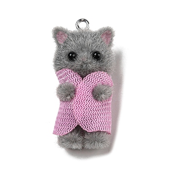 Flocking Opaque Resin Pendants, Cat in Pink Clothes Charms with Platinum Tone Iron Loops, Dark Gray, 35x16.5x16mm, Hole: 2mm