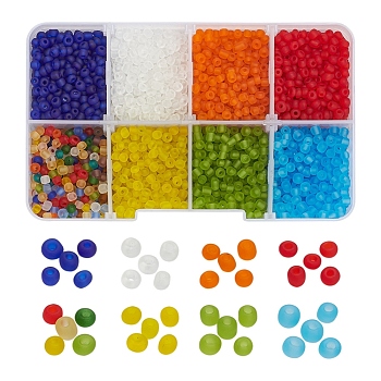 8 Colors Glass Seed Beads, Frosted Colors, Round, Mixed Color, 3mm, Hole: 1mm, about 15g/color