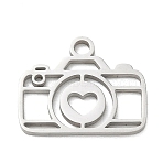 304 Stainless Steel Pendants, Camera with Heart Charms, Cut-Out, Stainless Steel Color, 16x20x1.3mm, Hole: 2mm(SA-CBAAC28-34P)