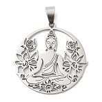 201 Stainless Steel Pendants, Flat Round with Buddha Yoga Charm, Laser Cut, Stainless Steel Color, 36.5x37.5x1.5mm, Hole: 8x4mm(STAS-Q341-26P)
