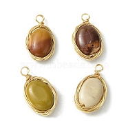 Natural Mookaite Copper Wire Wrapped Pendants, Oval Charms, Light Gold, 21~23x12~12.5x5~6mm, Hole: 3mm(PALLOY-JF02500-01)