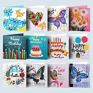 DIY Birthday Theme Diamond Painting Greeting Card Kits, including Paper Card, Paper Envelope, Resin Rhinestones, Diamond Sticky Pen, Tray Plate and Glue Clay, Mixed Color, Paper: 150x300mm, 12 patterns, 1pc/pattern, 12pcs(DIAM-PW0001-178A)