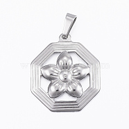 304 Stainless Steel Pendants, Octagon with Flower, Stainless Steel Color, 29.5x25.5x3mm, Hole: 3.5x8mm(STAS-K162-116P)