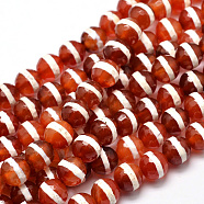 Tibetan Style Striped Pattern dZi Beads Strands, Faceted Natural Agate Round Beads, Orange Red, 10mm, Hole: 1mm, about 37pcs/strand, 14.5 inch(TDZI-O005-10H-10mm)