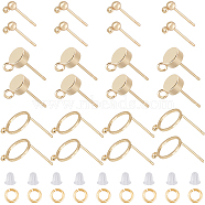 30Pcs 3 Style Ring & Flat Round & Round Brass Stud Earrings Findings, with Loops, 30Pcs Plastic Ear Nuts, 30Pcs Brass Open Jump Rings, Real 18K Gold Plated, 9~13x6~13mm, Hole: 1.2~1.8mm, Pin: 0.7~0.8mm, 10Pcs/style(DIY-CN0002-90)