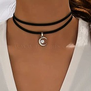 Gothic Moon with Round CCB Plastic Pendant Black Velvet Double Layer Choker Necklaces, with Alloy End Chain, Platinum, 12.60~14.57 inch(32~37cm)(FS-WG1056C-01)