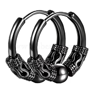 304 Stainless Steel Beaded Hoop Earrings, Dragon Pattern, Black, 14x2.5mm(PW-WG23967-10)