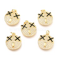 Brass Micro Pave Clear Cubic Zirconia Pendants, Long-Lasting Plated, with Jump Rings & Enamel, Real 18K Gold Plated, Flat Round with Expression, Black, 16.5x14x2.5mm, Hole: 3mm(X-ZIRC-B0004-15G)