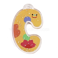 Acrylic Pendants, with Glitter Power, Letter with Smiley Face, Letter C, 29~38x21.5~34.5x2.8mm, Hole: 3mm(MACR-R002-02C)