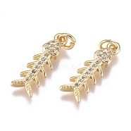 Brass Micro Pave Cubic Zirconia Pendants, with Jump Ring, Long-Lasting Plated, Fishbone, Clear, Golden, 17x6.5x2.5mm, Hole: 2.4mm(ZIRC-G168-46G)