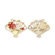 Alloy Enamel Pendants, Golden, Fan with Flower Charm, Red, 25.5x30x2mm, Hole: 1.8mm(ENAM-D046-30G-02)
