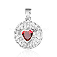 Brass Micro Pave Cubic Zirconia Pendants, Flat Round with Heart Charms, Platinum, Red, 16x14x4.1mm(ZIRC-OY001-02P)