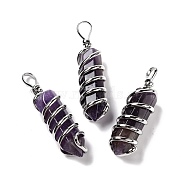 Natural Amethyst Big Pendants, Eco-Friendly Copper Wire Wrapped, Platinum, Cadmium Free & Lead Free, Bullet, 54.5x14x13.5mm, Hole: 8mm(G-I322-05P-03)