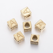 304 Stainless Steel Large Hole Letter European Beads, Horizontal Hole, Cube with Letter.A, Golden, 8x8x8mm, Hole: 5mm(STAS-H428-01G-A)