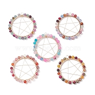 Natural Agate Dyed & Heated Faceted Round Beaded Pendants, Copper Wire Wrapped Pentagram Charms, Light Gold, 43~44x43x4mm, Hole: 4mm(PALLOY-JF02580)
