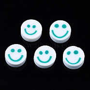 Handmade Polymer Clay Beads, for DIY Jewelry Crafts Supplies, Flat Round with Smiling Face, Light Sea Green, 10x4~4.5mm, Hole: 1.8mm(CLAY-N008-040C)