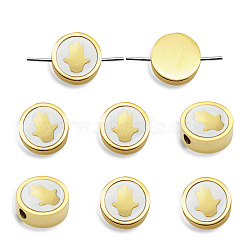 PVD Vacuum Plating 201 Stainless Steel Beads, with Shell, Flat Round with Palm, Golden, 9.5x3mm, Hole: 1.8mm(STAS-Q243-LM238)