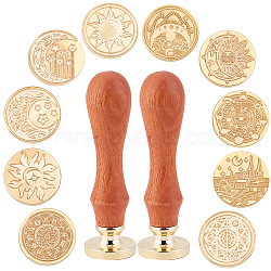 DIY Scrapbook, Including 10Pcs Brass Wax Seal Stamp Heads and 2Pcs Pear Wood Handle, Moon & Sun & Star Pattern, Mixed Patterns, Stamp Heads: 10pcs(DIY-CP0006-26)