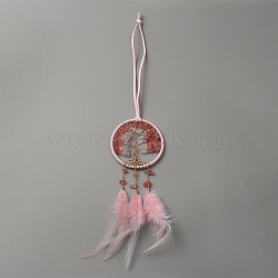 Brass Woven Web/Net with Feather Pendant Decorations, Natural Crystal Quartz Tree of Life Hanging Ornament, with Leather Cord, Flat Round, Pink, 505mm(HJEW-WH0043-36)