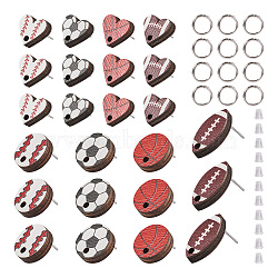 16Pcs 8 Style Baseball & Oval with Rugby & Heart Wood Stud Earring Findings, with 20Pcs Plastic Ear Nuts and 20Pcs Brass Jump Rings, Mixed Color, 13.5~20x10~15mm, Hole: 2mm, Pin: 0.8mm, 2Pcs/style(WOOD-TA0001-95)