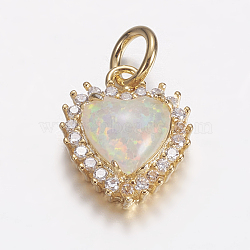 Brass Micro Pave Cubic Zirconia Charms, with Synthetic Opal, Heart, Golden, White, 14x11.5x5mm, Hole: 4mm(ZIRC-G141-01G-B)