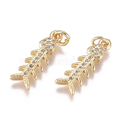 Brass Micro Pave Cubic Zirconia Pendants, with Jump Ring, Long-Lasting Plated, Fishbone, Clear, Golden, 17x6.5x2.5mm, Hole: 2.4mm(ZIRC-G168-46G)
