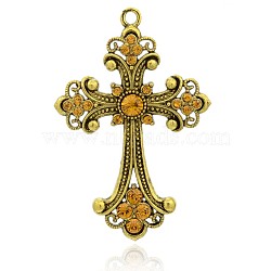 Antique Golden Plated Latin Cross Alloy Rhinestone Big Pendants, Topaz, 75x50x6mm, Hole: 3.5mm(RB-J141-17AG)