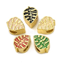 Brass Enamel European Beads, Large Hole Beads, Cadmium Free & Lead Free, Long-Lasting Plated, Real 18K Gold Plated, Leaf, Mixed Color, 13x9.5x8mm, Hole: 5mm(KK-Z081-09)