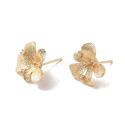 Golden Brass Micro Pave Cubic Zirconia Stud Earring Findings, Earring Settings for Half Drilled Beads, Flower, 16.5x15mm, Pin: 11x0.7mm and 1mm(KK-P253-05D-G)