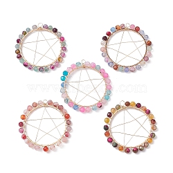 Natural Agate Dyed & Heated Faceted Round Beaded Pendants, Copper Wire Wrapped Pentagram Charms, Light Gold, 43~44x43x4mm, Hole: 4mm(PALLOY-JF02580)