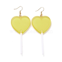 Transparent Heart-shape Lollipop Dangle Earrings for Women, Candy Color Simulation Food Drop Earrings, Golden, Light Khaki, 97~99mm, Pin: 0.5mm(EJEW-Z015-05A)