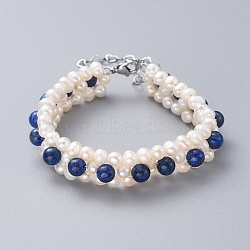Natural Lapis Lazuli Beads Bracelets, with Natural Pearl Beads, 304 Stainless Steel Lobster Claw Clasps and Kraft Paper Cardboard Jewelry Boxes, 7-1/2 inch(19cm)(BJEW-JB04604-02)