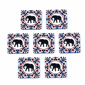 3D Printed Opaque Acrylic Pendants, Square with Elephant, Black, 30x30x2.5mm, Hole: 1.6mm