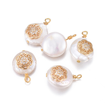 Natural Cultured Freshwater Pearl Pendants, with Brass Micro Pave Cubic Zirconia Findings, Nuggets with Flower, Golden, Clear, 17~26x11~16x5~11mm, Hole: 1.6~2mm