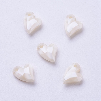 Acrylic Pendants, Imitation Pearl, Heart, Faceted, Floral White, 11x9x4mm, Hole: 0.5mm