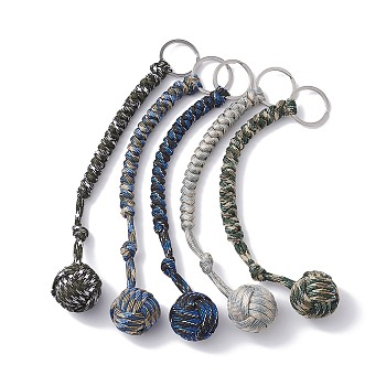 Polyester & Spandex Cord Ropes Braided Wood Ball Keychain, with 304 Stainless Steel Split Key Rings, Mixed Color, 24cm