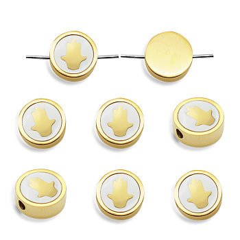 Vacuum Plating 201 Stainless Steel Beads, with Shell, Flat Round with Palm, Golden, 9.5x3mm, Hole: 1.8mm